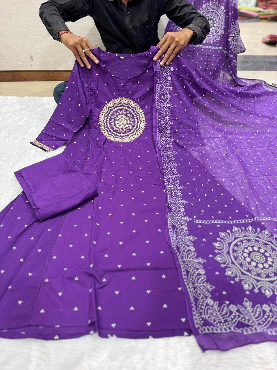 Purple Cotton Suit Set with Embroidered Dupatta